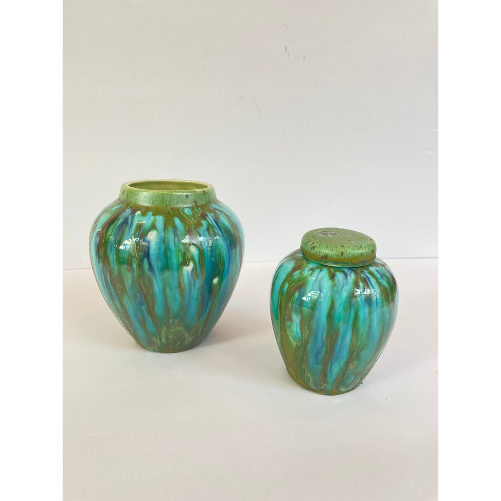 Vintage Artist Blue Green Drip Glaze Pottery Vase & Ginger Jar Ceramic Decor